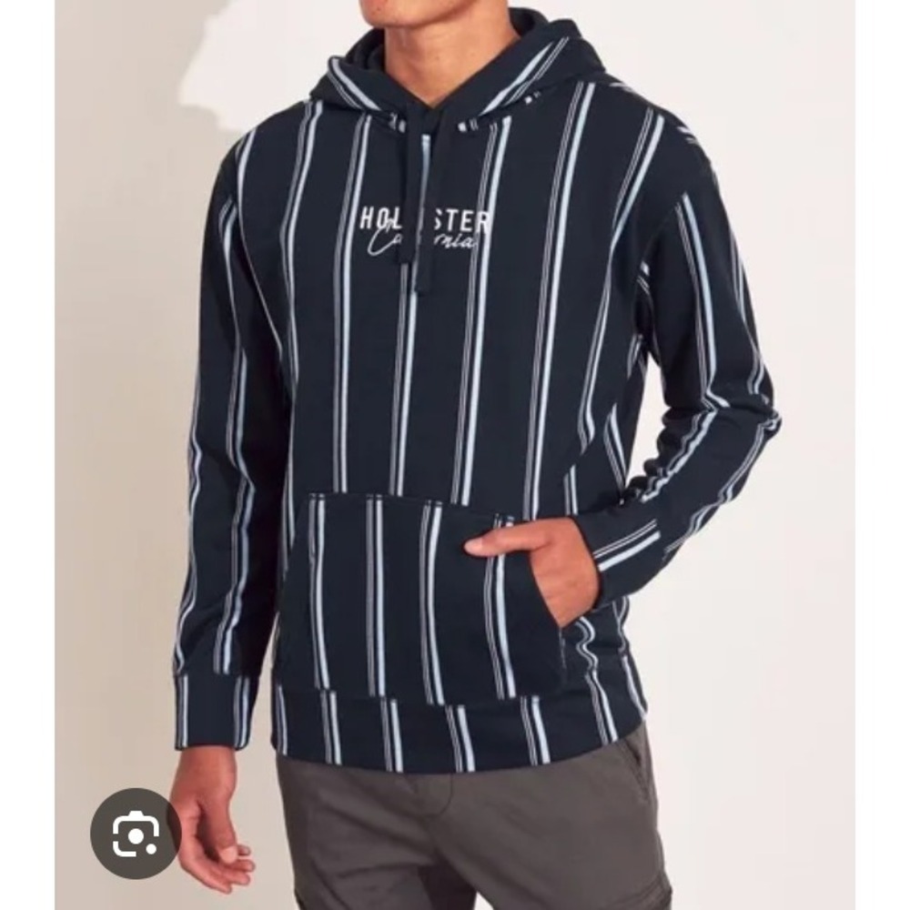 Hollister California Navy Striped Mens M Hoodie Fleece Lined Pullover Sweatshirt